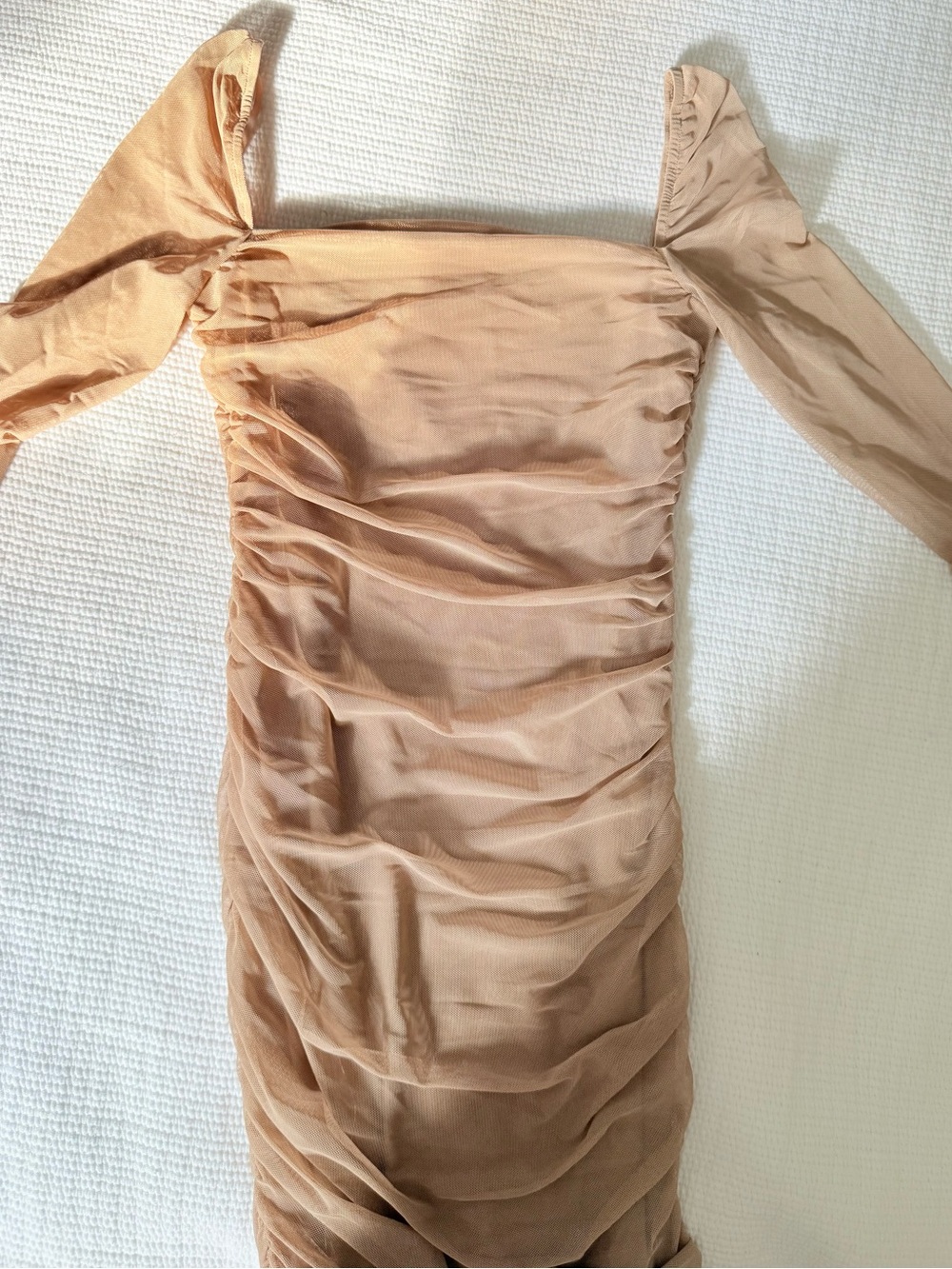 Princess Polly Ruched Off-Shoulder Long Sleeve Dress in Beige